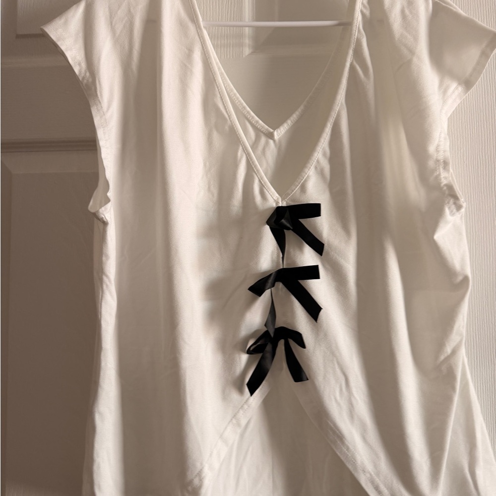 SHEIN White Blouse with Black Ribbon Detail